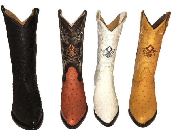 Four pairs of Men's Cowboy Boots Ostrich Print Leather Western Rodeo Botas Liga de Avestruz in different colors.
