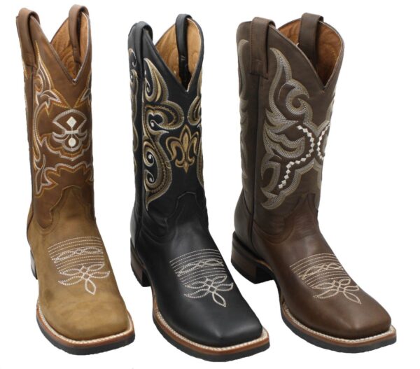 A pair of MEN’S RODEO COWBOY BOOTS GENUINE LEATHER WESTERN SQUARE TOE BOTAS-CARR 380 with different designs.