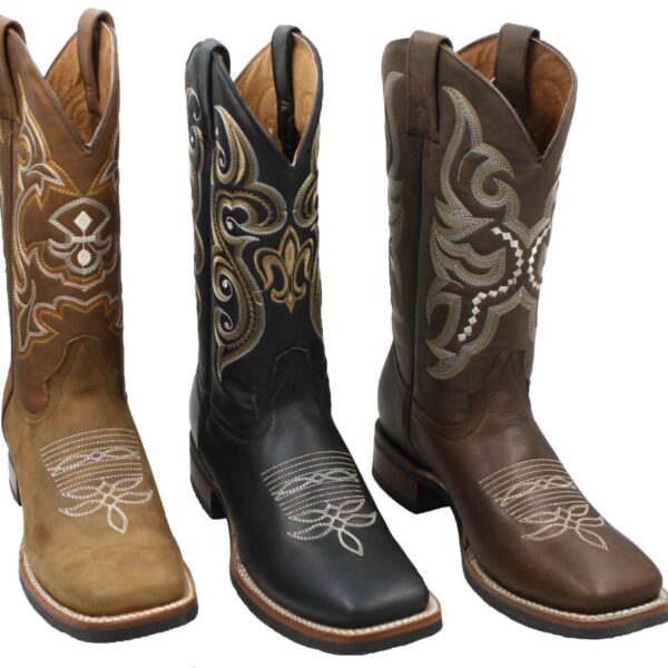 A pair of MEN’S RODEO COWBOY BOOTS GENUINE LEATHER WESTERN SQUARE TOE BOTAS-CARR 380 with different designs.