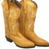 A pair of yellow Men's Cowboy Boots Ostrich Print Leather Western Rodeo Botas Liga de Avestruz with an ostrich design.
