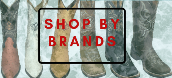 A pair of cowboy boots with the words shop by brands.