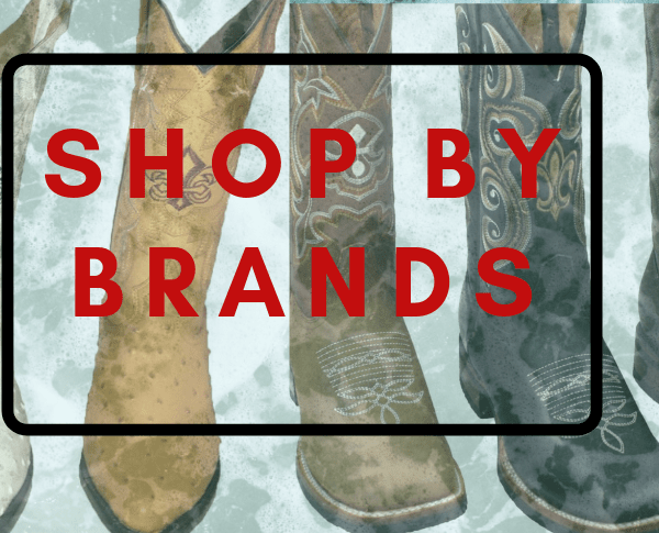 A pair of cowboy boots with the words shop by brands.
