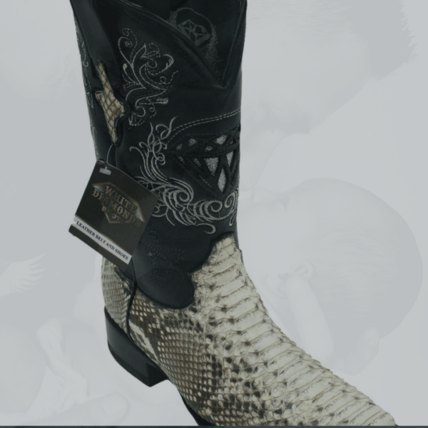 A pair of cowboy boots with a python skin design.