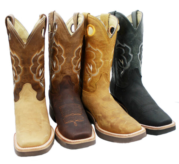 A row of Men's Cowboy Genuine Rodeo Leather Boots Style DB-250 with different colors and designs.