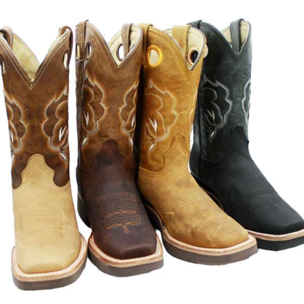A row of Men's Cowboy Genuine Rodeo Leather Boots Style DB-250 with different colors and designs.