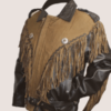 A brown and black leather jacket with fringes.