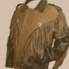 A brown leather jacket with fringes on it.