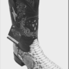 A pair of black and white python skin cowboy boots.
