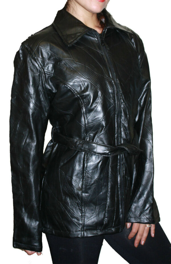 Women Black Genuine Patch Leather Jacket classic form flattering design