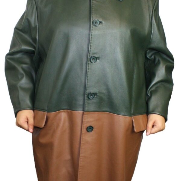 A woman wearing a Women Genuine Soft Lamb Leather Plus Size Buttons Closure Coat in green and brown.