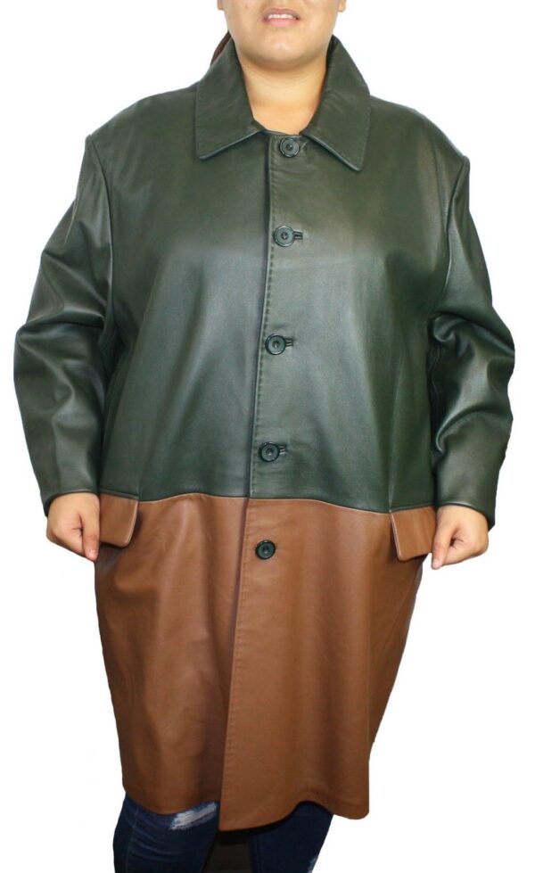 A woman wearing a Women Genuine Soft Lamb Leather Plus Size Buttons Closure Coat in green and brown.
