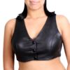 A woman wearing a Women Halter Top Black Genuine Lamb Leather with Spandex Back STYLE #670.