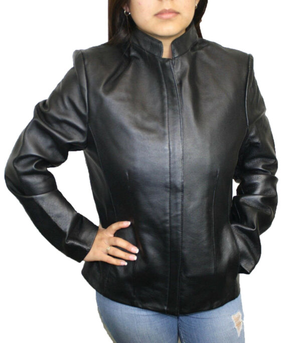A woman is posing for a photo in a Women genuine soft leather zipper closure jacket with mandarin collar.