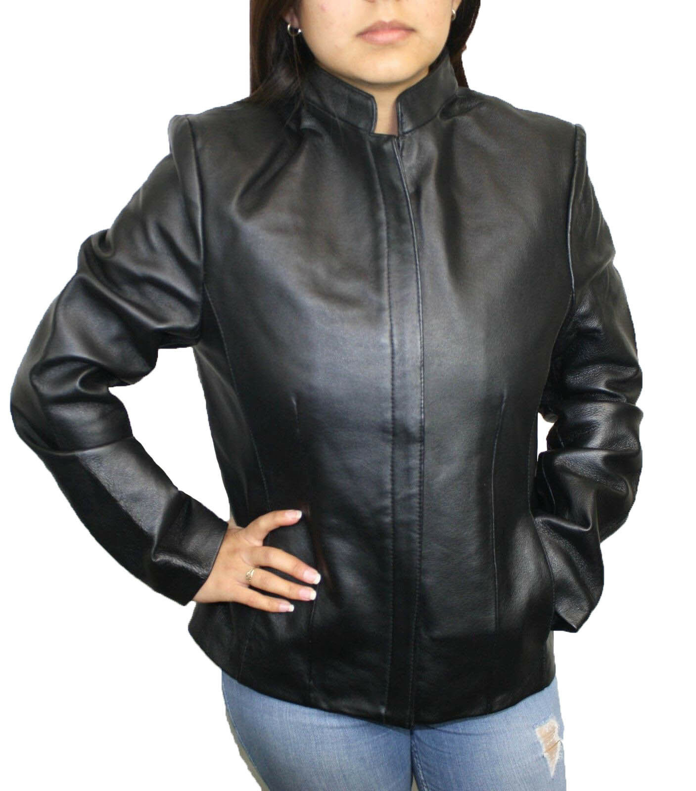 Women genuine soft leather zipper closure jacket with mandarin collar ...