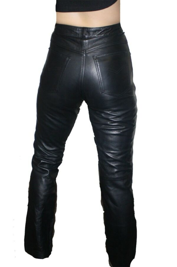 The back view of a woman wearing Women's Premium Genuine Lamb Leather 5 Pockets Jeans Style Pants.