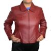 A woman wearing a Women's Soft Genuine Leather Short Zipper Closure Fitted Big Sizes Jacket.'