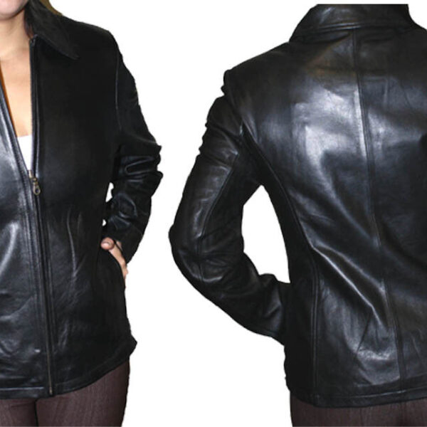 A woman wearing a Women's Zipper Leather Jacket Lamb Skin, Style #673.