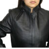 A woman wearing a Women genuine soft leather zipper closure jacket with mandarin collar.