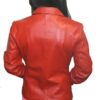 The back view of a woman wearing a Women's Soft Genuine Red Leather Short Buttons Closure Fitted Jacket Style.