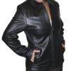 A woman wearing the Women's Zipper Leather Jacket Lamb Skin, Style #673.