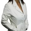 A woman is posing in a Women's Soft Genuine White Leather Short Buttons Closure Fitted Jacket Style.