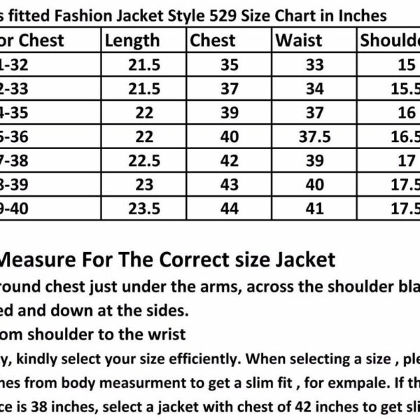 Fashion Jacket Style 529 size chart Inch