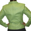 The back view of a woman wearing a Women's Soft Genuine Leather Short Zipper Closure Fitted Jacket Style # 315.