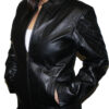 A woman wearing a Women Cow Hide Genuine Leather Jackets Zipper Closure LK220.