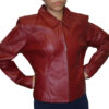 A woman wearing a Women's Soft Genuine Leather Short Zipper Closure Fitted Jacket Style # 315.