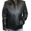 A woman wearing a Women genuine soft leather zipper closure jacket with mandarin collar.