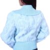 The back view of a woman wearing a Women's Rabbit Fur With Leather Trim/Knitting Rib Jacket Blue Special.