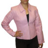 A woman is posing in a Women's Soft Genuine Leather Short Zipper Closure Fitted Jacket Style # 315.