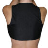The back view of a woman wearing a Women Halter Top Black Genuine Lamb Leather with Spandex Back STYLE #670.