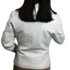 The back view of a Women's Soft Genuine White Leather Short Buttons Closure Fitted Jacket Style.