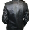 The back view of a woman wearing a Women genuine soft leather zipper closure jacket with mandarin collar~.