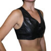 A woman wearing a Women Halter Top Black Genuine Lamb Leather with Spandex Back STYLE #670.