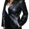 A woman wearing a Women Blazer Soft Lamb Leather Jacket Three Buttons #KL3.