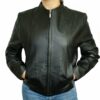 A woman wearing a Cute Lightweight Black Zip-Up Genuine Napa Leather Two Pockets Jacket PN 319.