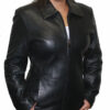A woman wearing a Women Genuine Zipper Closure Nice Fitted Leather Jacket.