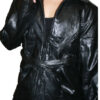 A woman wearing the Women Black Genuine Patch Leather Jacket a Classic Form Flattering design~~.