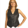 A woman wearing the Women Black Genuine Baby Lamb Leather Vest, a Classic Form Flattering Design#871.