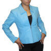 A woman in a Women's Soft Genuine Leather Short Zipper Closure Fitted Jacket Style # 315 posing for a photo.