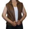A woman wearing a Women Vest Black Or Brown Genuine Soft Napa Leather Zipper closure Nice Fit 3019.