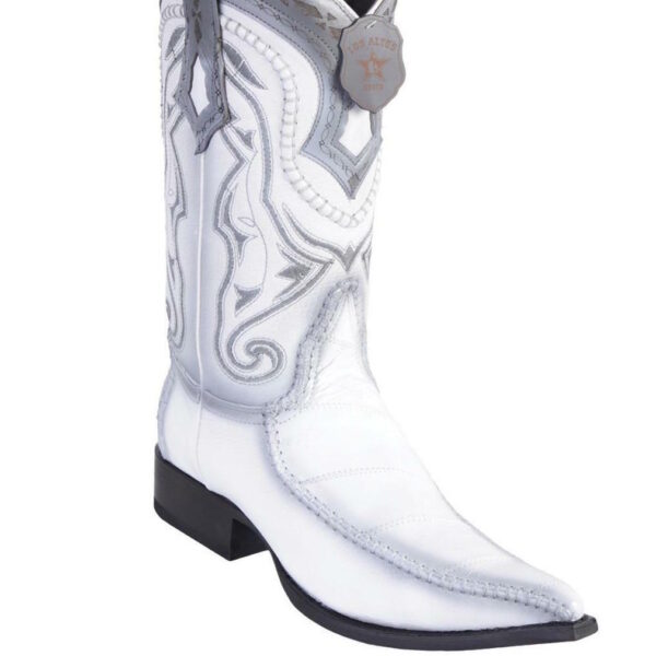 A pair of Men's Los Altos Genuine Eel Skin Boots With Deer 3x Toe Handcrafted with a silver design.