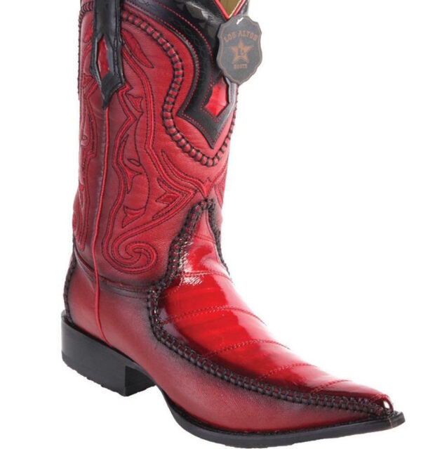 A pair of Men's Los Altos Genuine Eel Skin With Deer Skin 3x Toe Handcrafted Quality Boots with red color and black detailing.