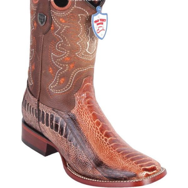 A pair of brown Men's Wild West Ostrich Leg Boots Square Toe Handmade with crocodile skin.