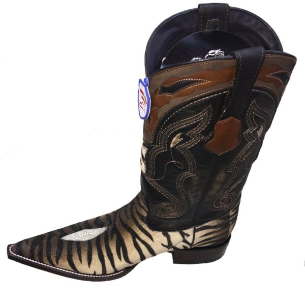 A pair of Men's Wild West Tiger Design Stingray Boots Handmade with a tiger print on them.