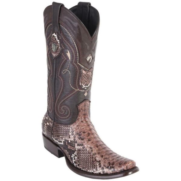 A pair of Men’s Wild West Genuine Python Rust Brown Boots Dubai Toe Handcrafted with a snake skin design.