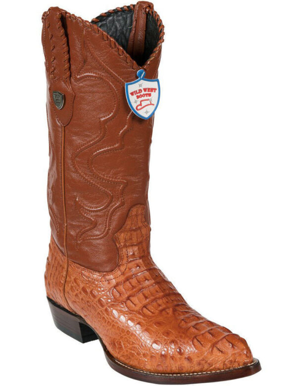 A pair of WILD WEST COGNAC GENUINE CROCODILE WESTERN COWBOY BOOT J-TOE (EE) men's cowboy boots.