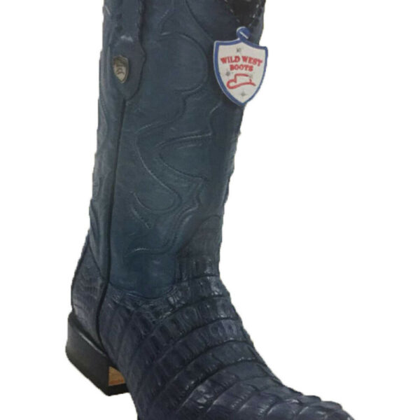 A pair of Men's Wild West Caiman Cola Blue Jeans 3x Toe Boots Handcrafted.